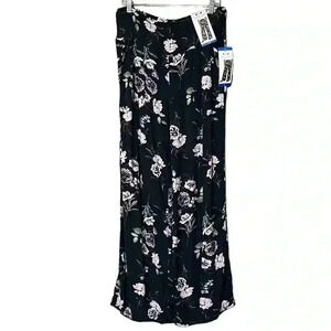 Three Dots Wide Leg Pant L Black Floral Boho Pull-On Semi-Sheer Flowy Pocket NWT